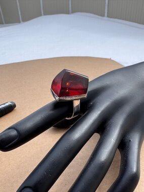 Sterling Silver Ring with Faceted Fire Amber, Size 6